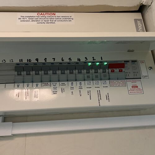 Chase Farm Electrical Contractors conducting an Electrical Installation Condition Report on a fuse board in a nursing home for safety and compliance
