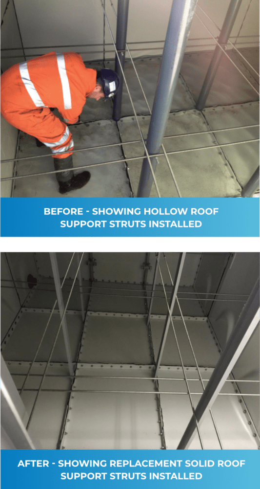 Replacement of Hollow Roof Support Struts | Purewater Storage Ltd | GRP | Water Storage Tanks | One piece | Two Piece | Sectional | Enclosures | Combination Units | Nationwide