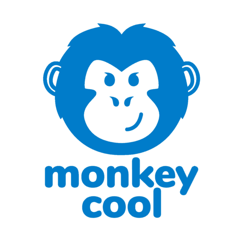 Blue monkey face logo with bold “monkey cool” text, playful design ideal for HTV (heat transfer vinyl) printing on apparel.