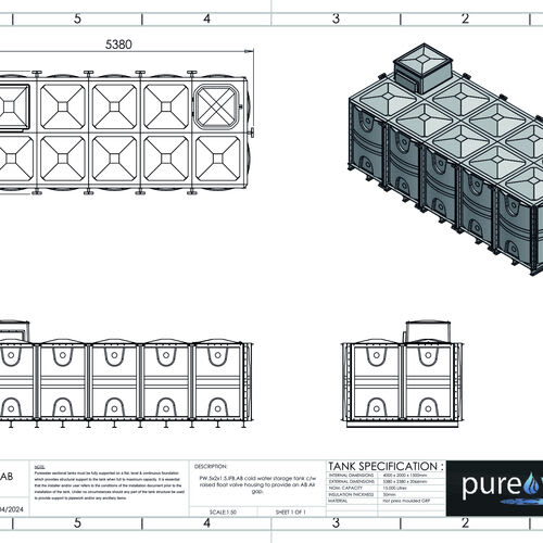PW.5X2X1.5.IFB.AB - 15000 LITRE SECTIONAL WATER TANK, INTERNALLY FLANGED BASE (IFB) C/W FVH