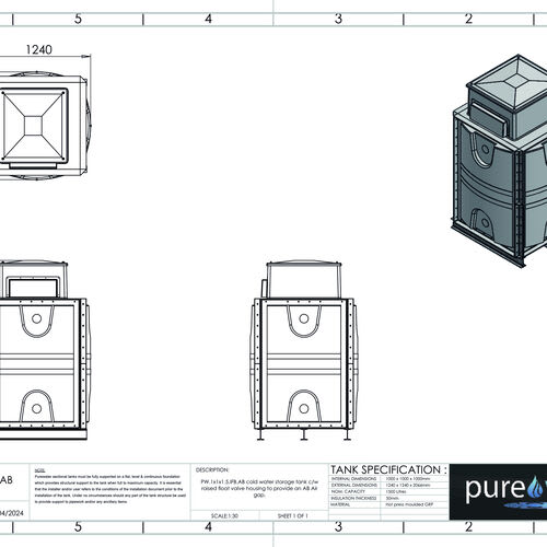 PW.1X1X1.5.IFB.AB - 1500 LITRE SECTIONAL WATER TANK, INTERNALLY FLANGED BASE (IFB) C/W FVH