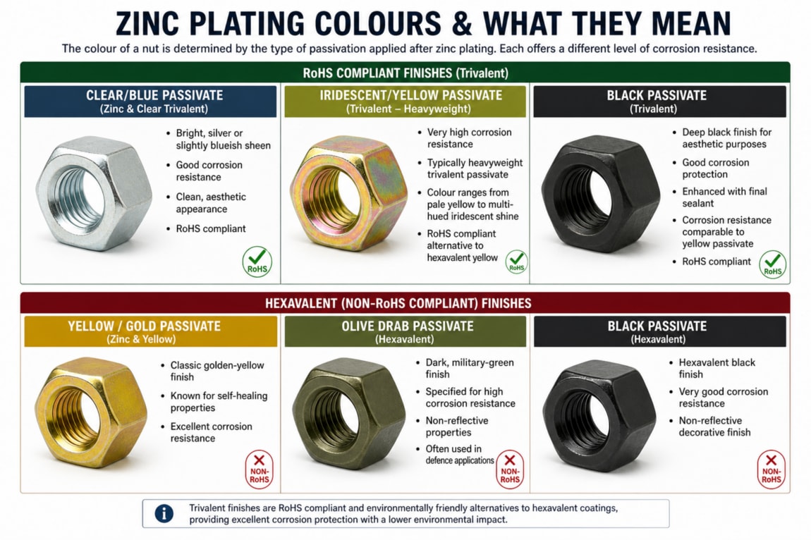 Zinc Plating Colours and What They Mean - Clear/Blue Passivate, Iridescent/Yellow Passivate, Black Passivate, Yellow/Gold Passivate and Olive Drab Passivate.