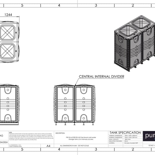 PW.2X1X2.IFB.DIV.AG(1+1) - 4000 LITRE SECTIONAL WATER TANK, INTERNALLY FLANGED BASE (IFB)