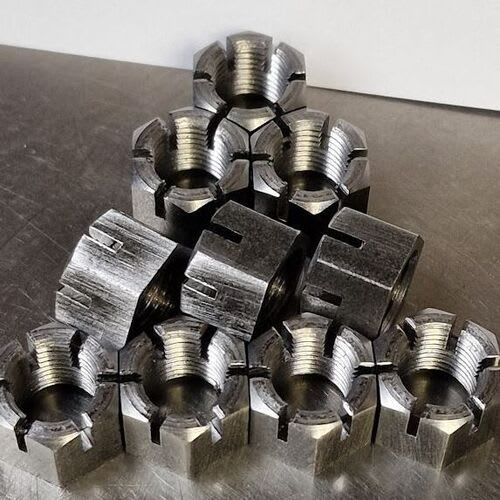 Internally and externally threaded hex, square and round slotted, castle and castellated nuts