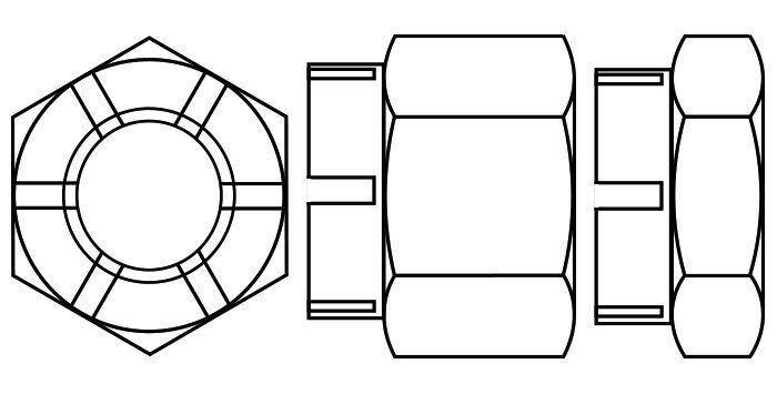 Hexagon Castle Nuts, tall and short, BS3692 and DIN937 type, with a turned down portion on one end and standard square bottom slots on each face on one side of the fastener, two of which take a locking pin to hold it firmly in place. Also known as a castellated nut.