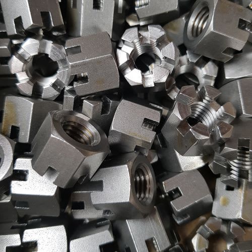 Internally and externally threaded hex, square and round slotted, castle and castellated nuts