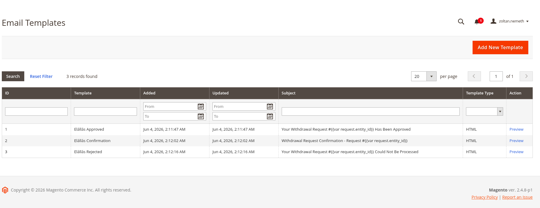 Email Templates Grid