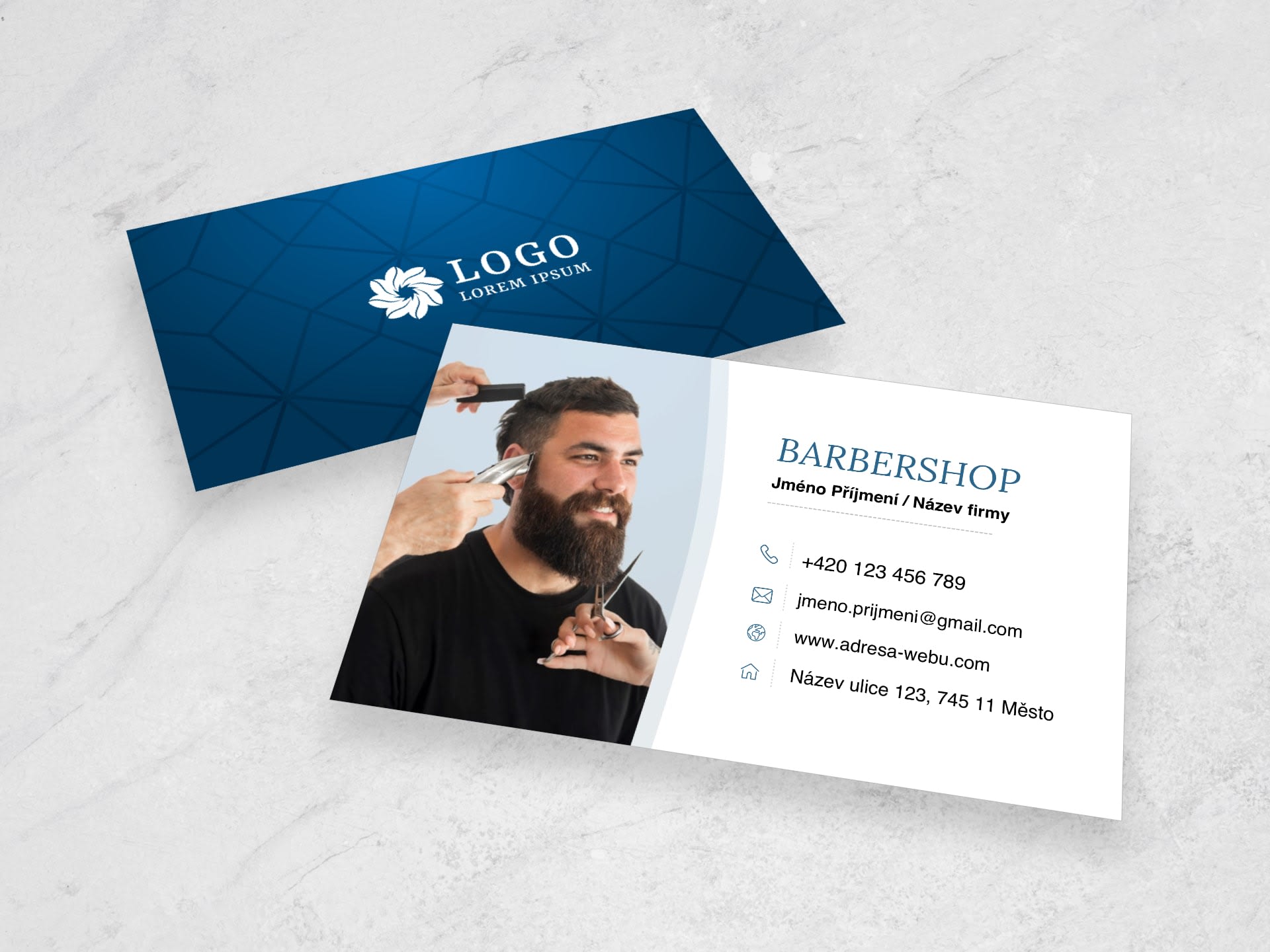 Vizitka pro holičství / barbershop modrá #rma-832 - přední strana