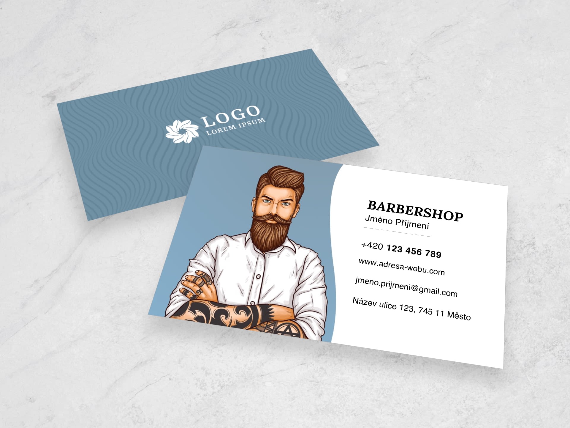 Vizitka pro holičství / barbershop modrá #rvb-673 - přední strana