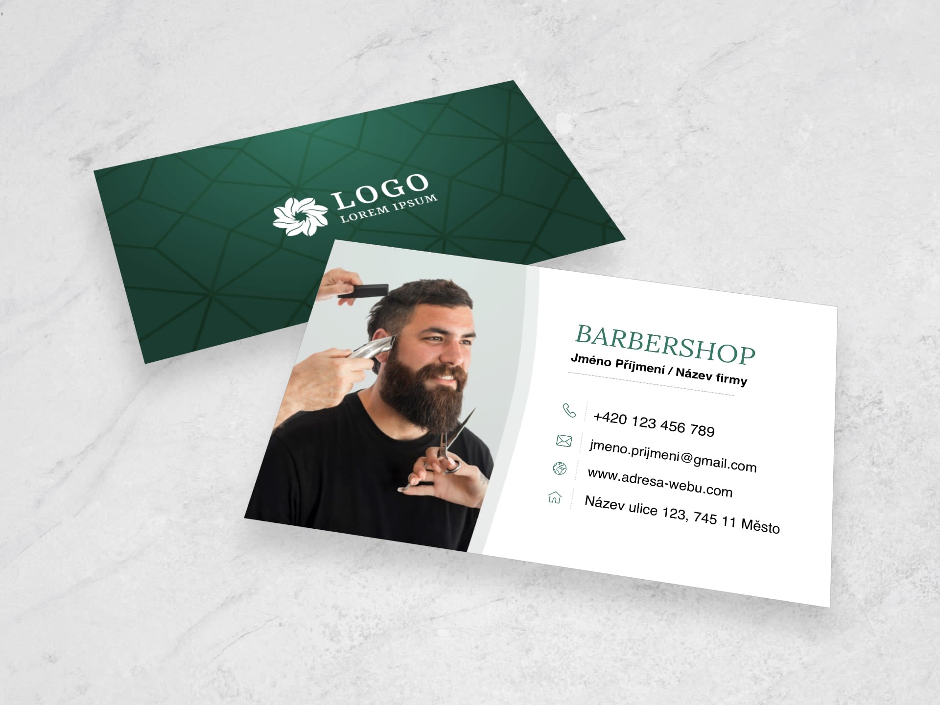 Vizitka pro holičství / barbershop zelená #rma-832 - přední strana