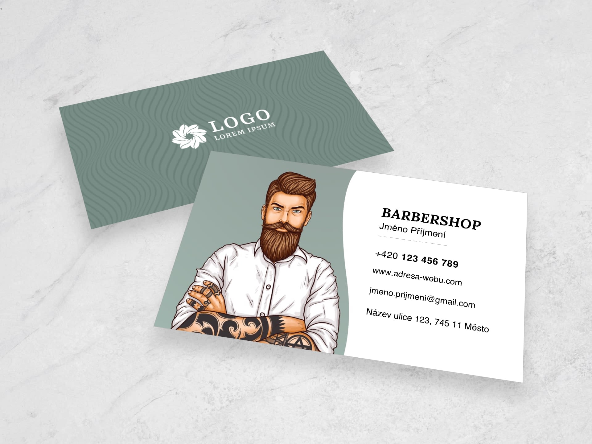 Vizitka pro holičství / barbershop zelená #rvb-673 - přední strana