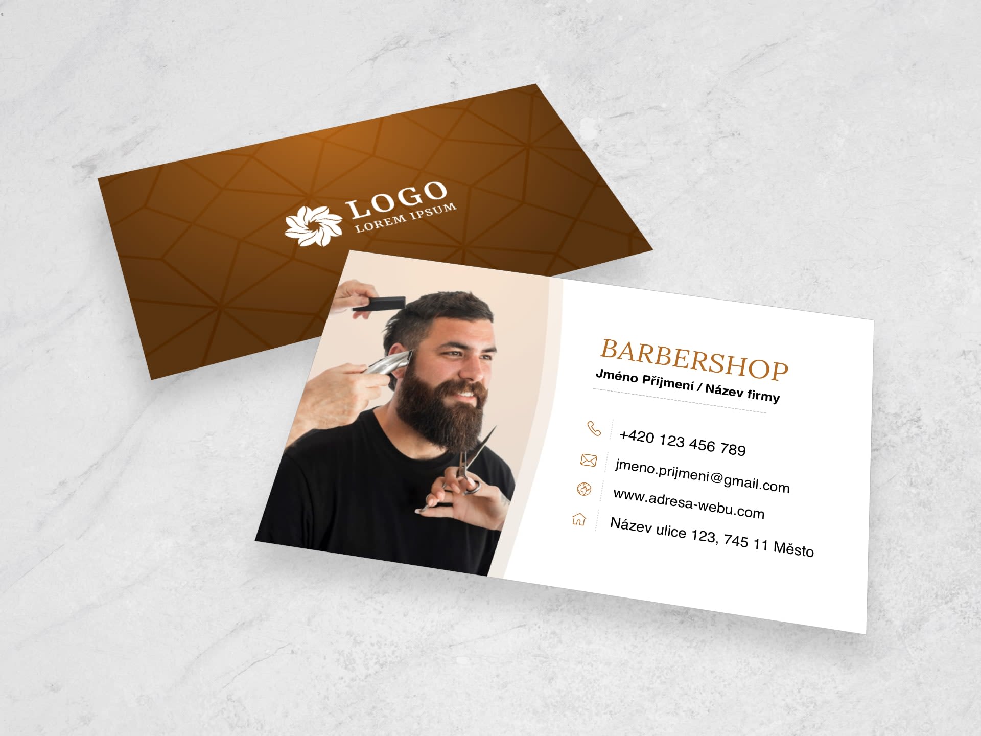 Vizitka pro holičství / barbershop oranžová #rma-832 - přední strana