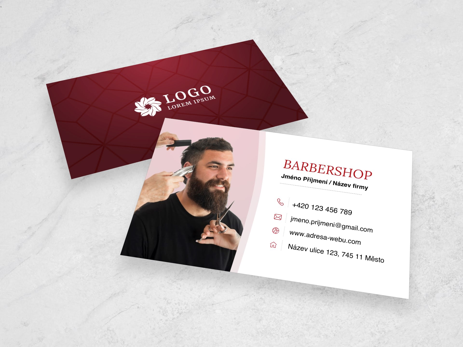 Vizitka pro holičství / barbershop červená #rma-832 - přední strana