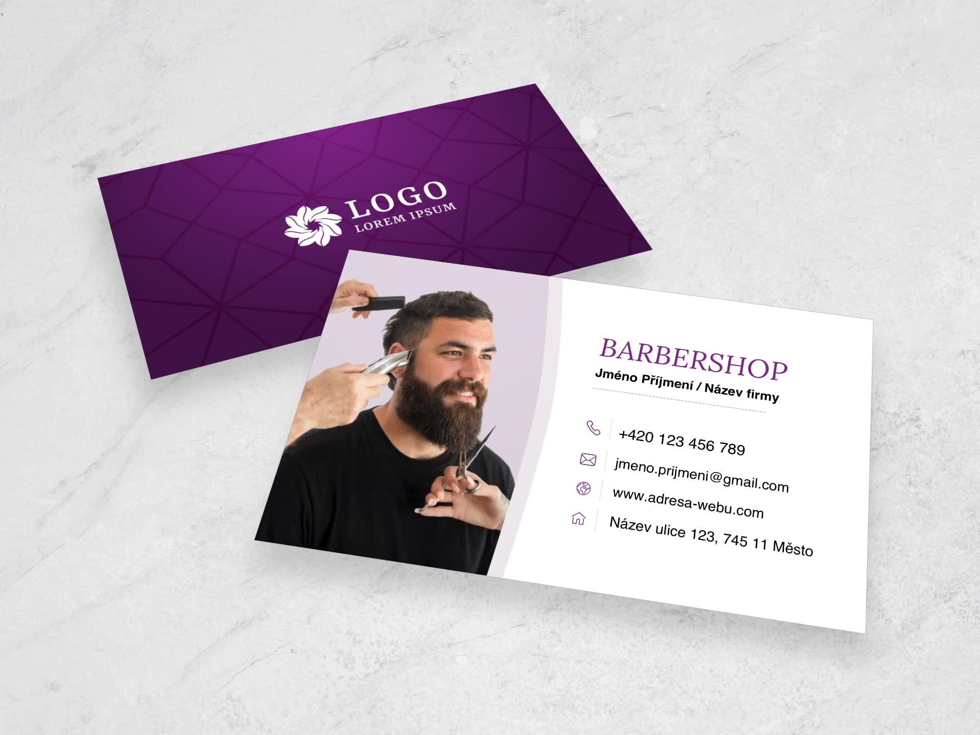 Vizitka pro holičství / barbershop fialová #rma-832 - přední strana