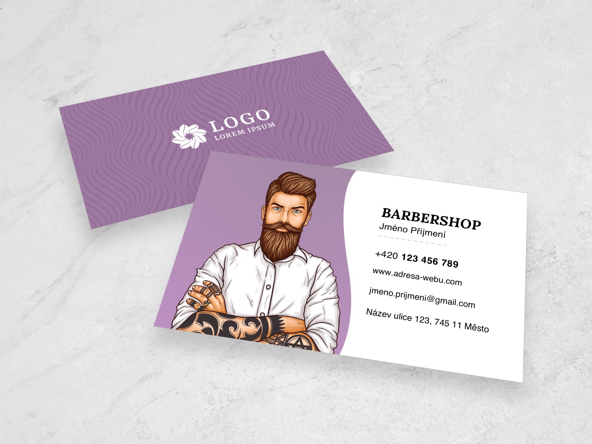 Vizitka pro holičství / barbershop fialová #rvb-673 - přední strana