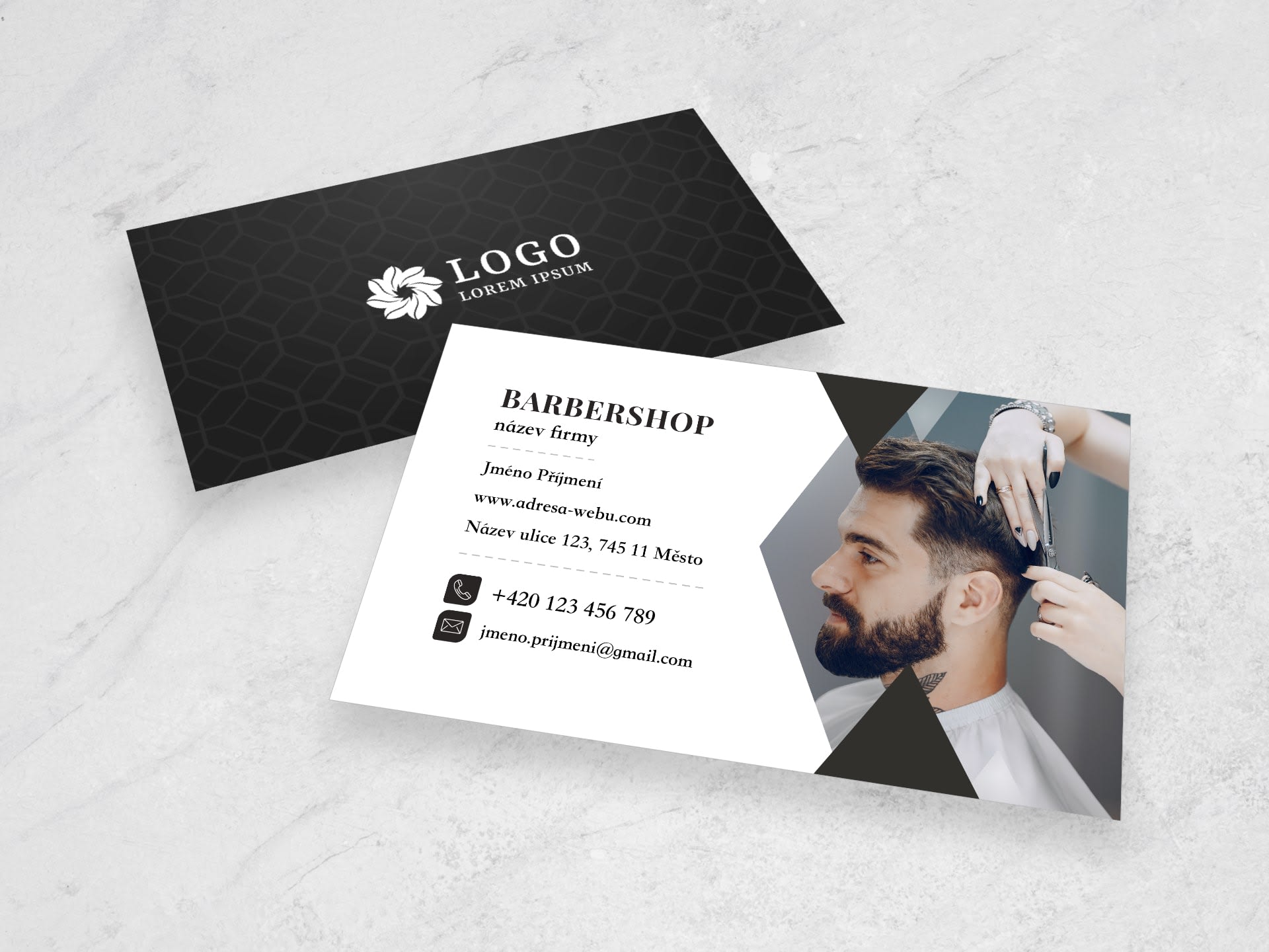 Vizitka pro holičství / barbershop černá #gzk‑683 - přední strana