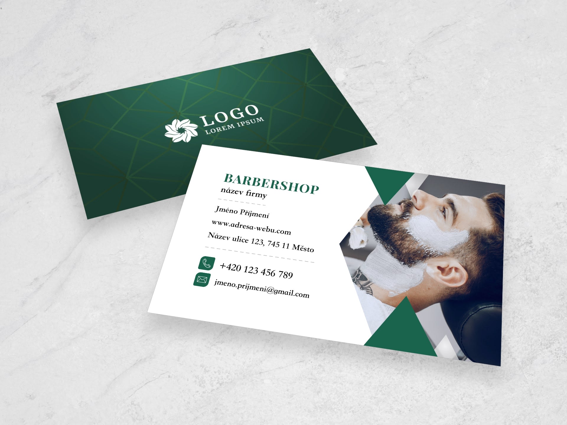 Vizitka pro holičství / barbershop zelená #gzk‑683 - přední strana