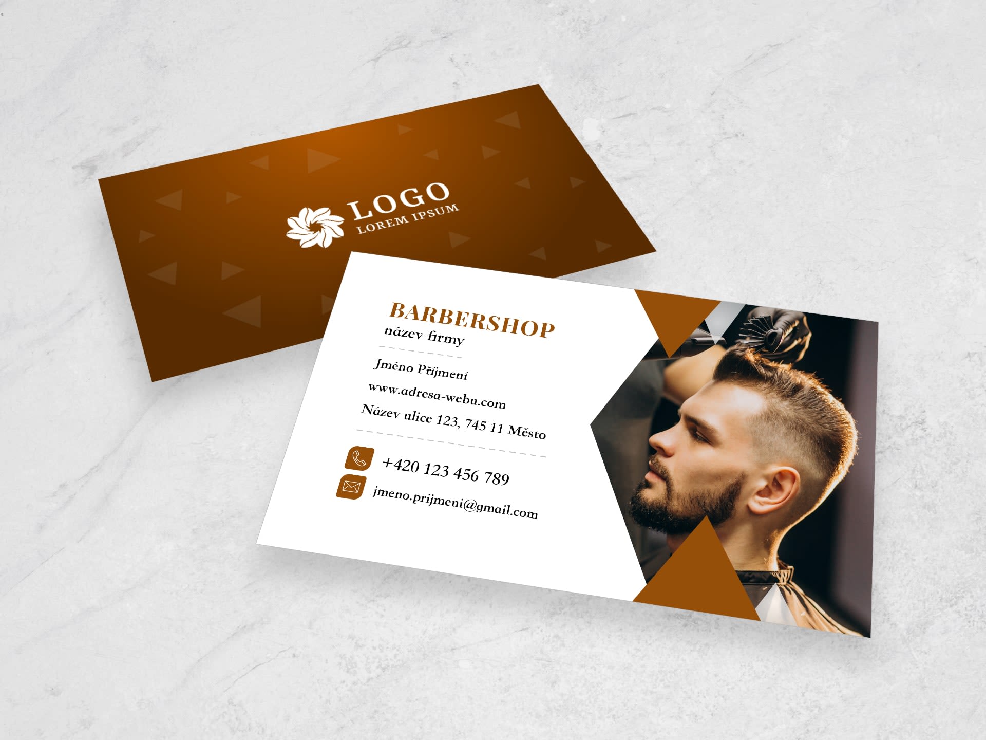 Vizitka pro holičství / barbershop oranžová #gzk‑683 - přední strana