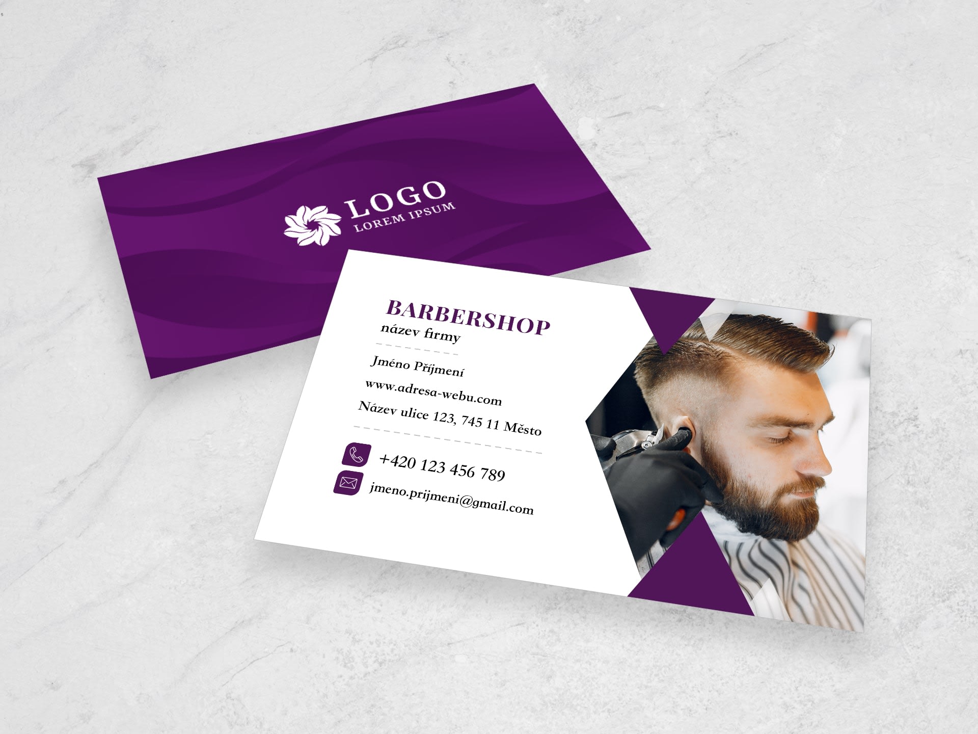Vizitka pro holičství / barbershop fialová #gzk‑683 - přední strana