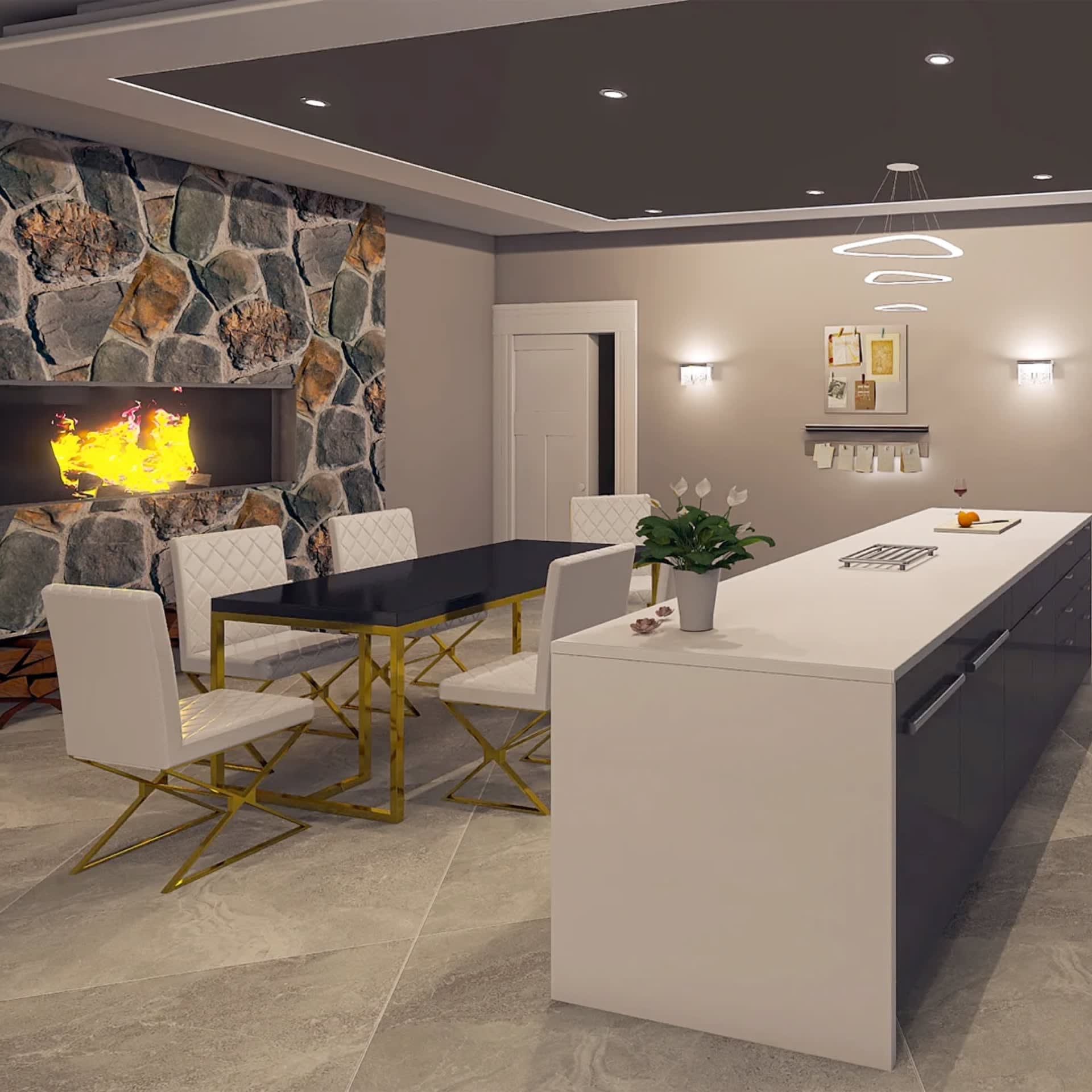 3D-v10 obývací pokoj s kuchyní a krbem