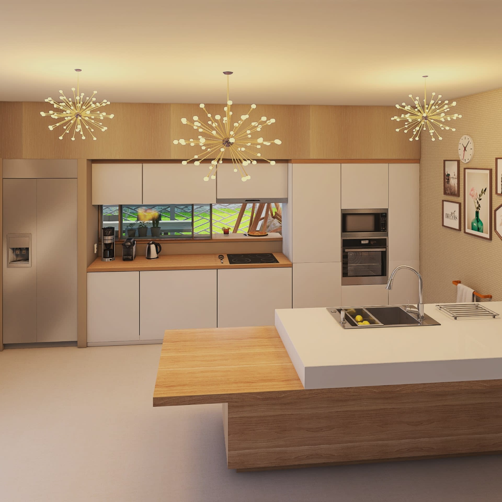 3D-v11 obývací pokoj s moderní kuchyní
