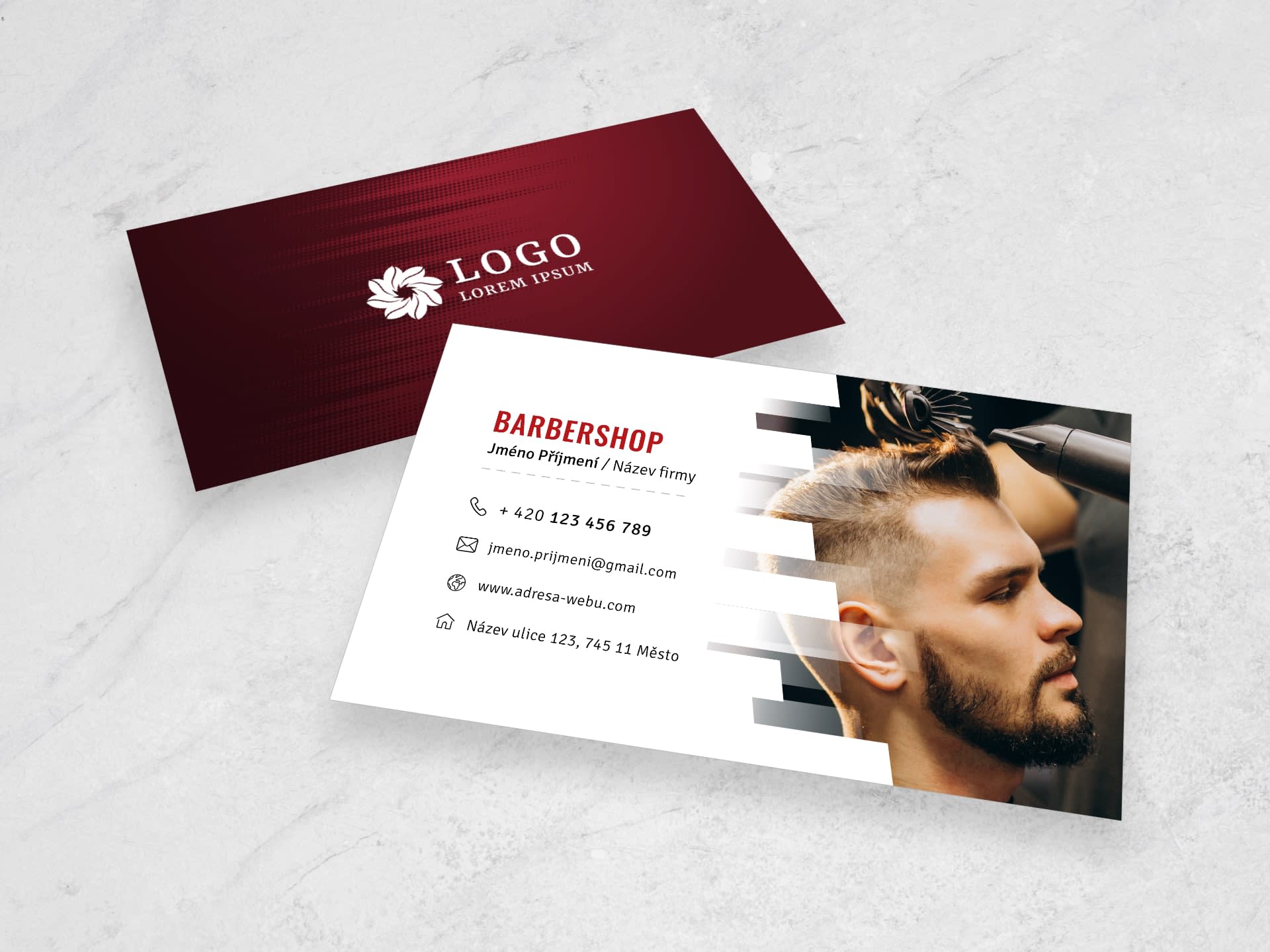 Vizitka pro holičství / barbershop červená #xun‑269 - přední strana