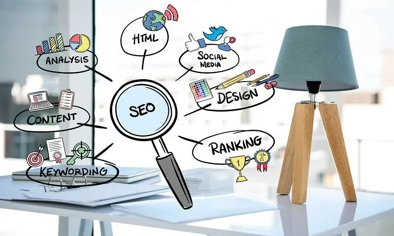 Imagem de uma lupa com a palavra 'SEO' no centro, rodeada por várias setas apontando para palavras como HTML, Social Media, Analysis, Content, Design, Keywording e Ranking, ilustrando o conceito do que é SEO.