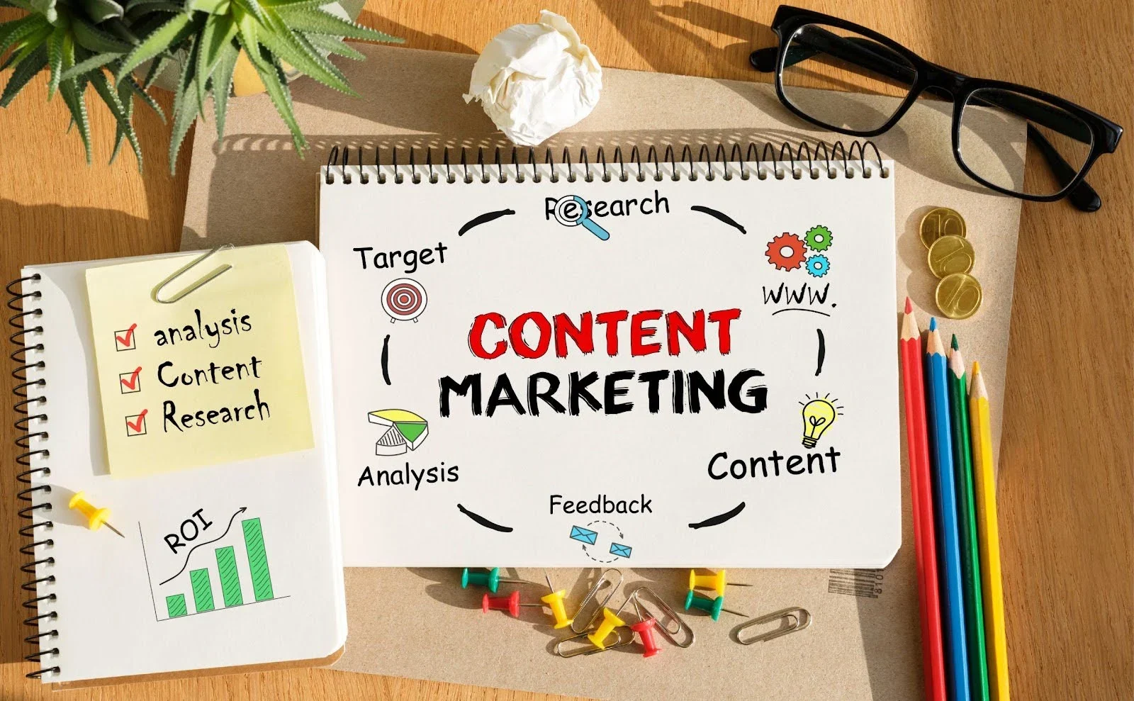 Dois cadernos abertos sobre uma mesa. Um caderno exibe um checklist com as palavras 'analysis', 'content' e 'research', além de um gráfico com a sigla 'ROI'. O outro caderno destaca no centro a frase 'Content Marketing', com as palavras 'research', 'target', 'analysis', 'feedback' e 'content' dispostas ao redor, ilustrando os elementos essenciais do que é marketing de conteúdo.