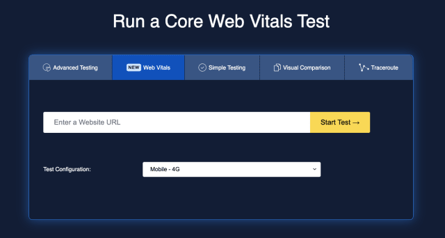 A screenshot showing the simplified form for running a core web vitals test, with only a URL and device form factor required.
