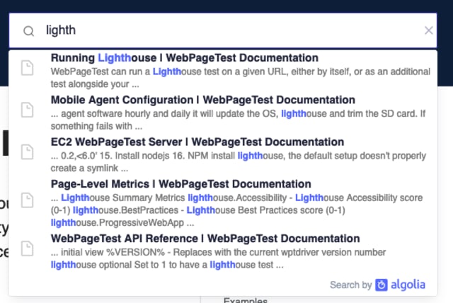 A screenshot of the new search on docs, with the query "lighth" entered and a number of options, including a "Running Lighthouse" result, displayed