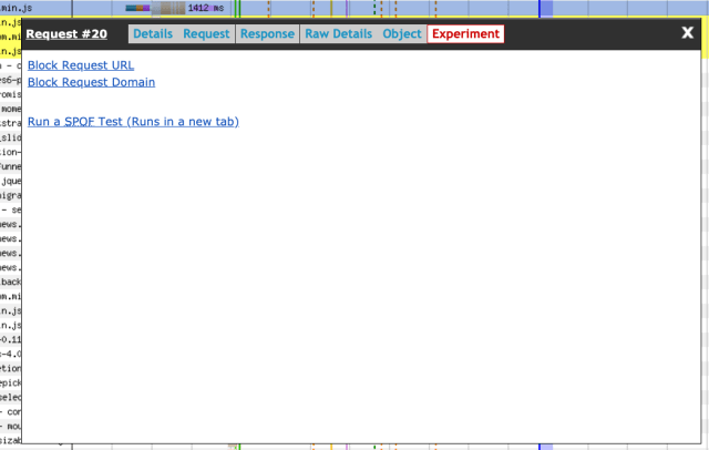 The new "experiment" tab from the request details view lets you select URLs and domains to block, or run a SPOF test.