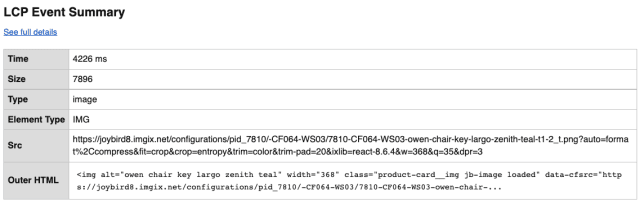 An image of a table of information for the LCP event, including information about the LCP element, outer HTML, size, and more.