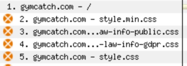 Part of a WebPageTest waterfall, showing an orange warning icon next to each request indicating those requests are render blocking