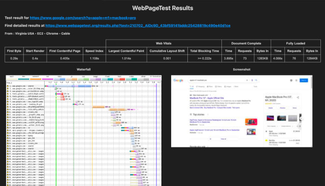 An image of Visual Studio Code, showing the results of a WebPageTest test appearing right in the editor, in a new panel