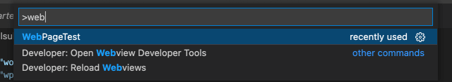 An image of Visual Studio Code's command bar, showing that as you start typing "webpagetest", the WebPageTest extension command shows up.