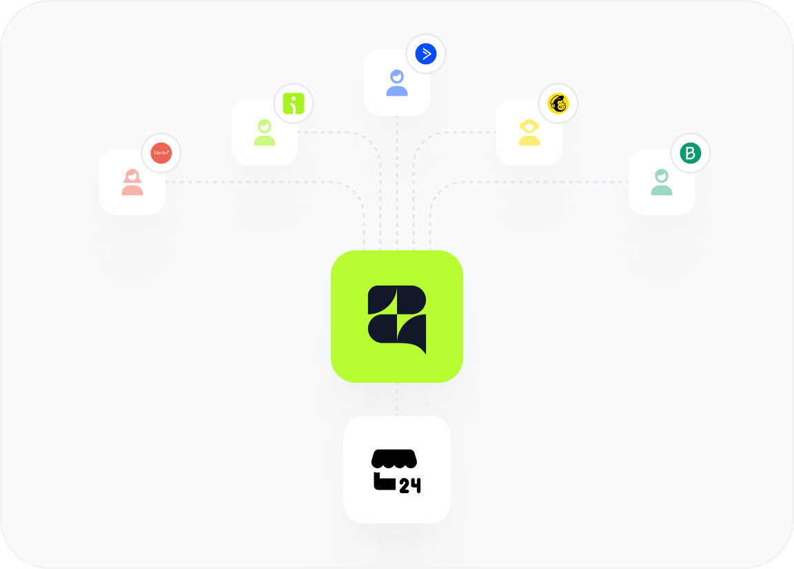 Central green Zendesk logo connected by dotted lines to six smaller user icons each paired with a different colorful app or service logo, and one store icon below.