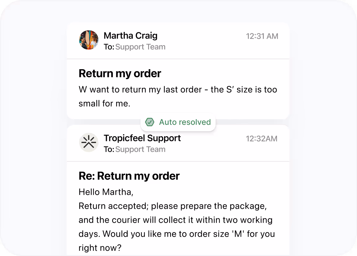 Email conversation showing Martha Craig requesting to return a too-small S size order and Tropicfeel Support confirming the return accepted and offering to order size M.