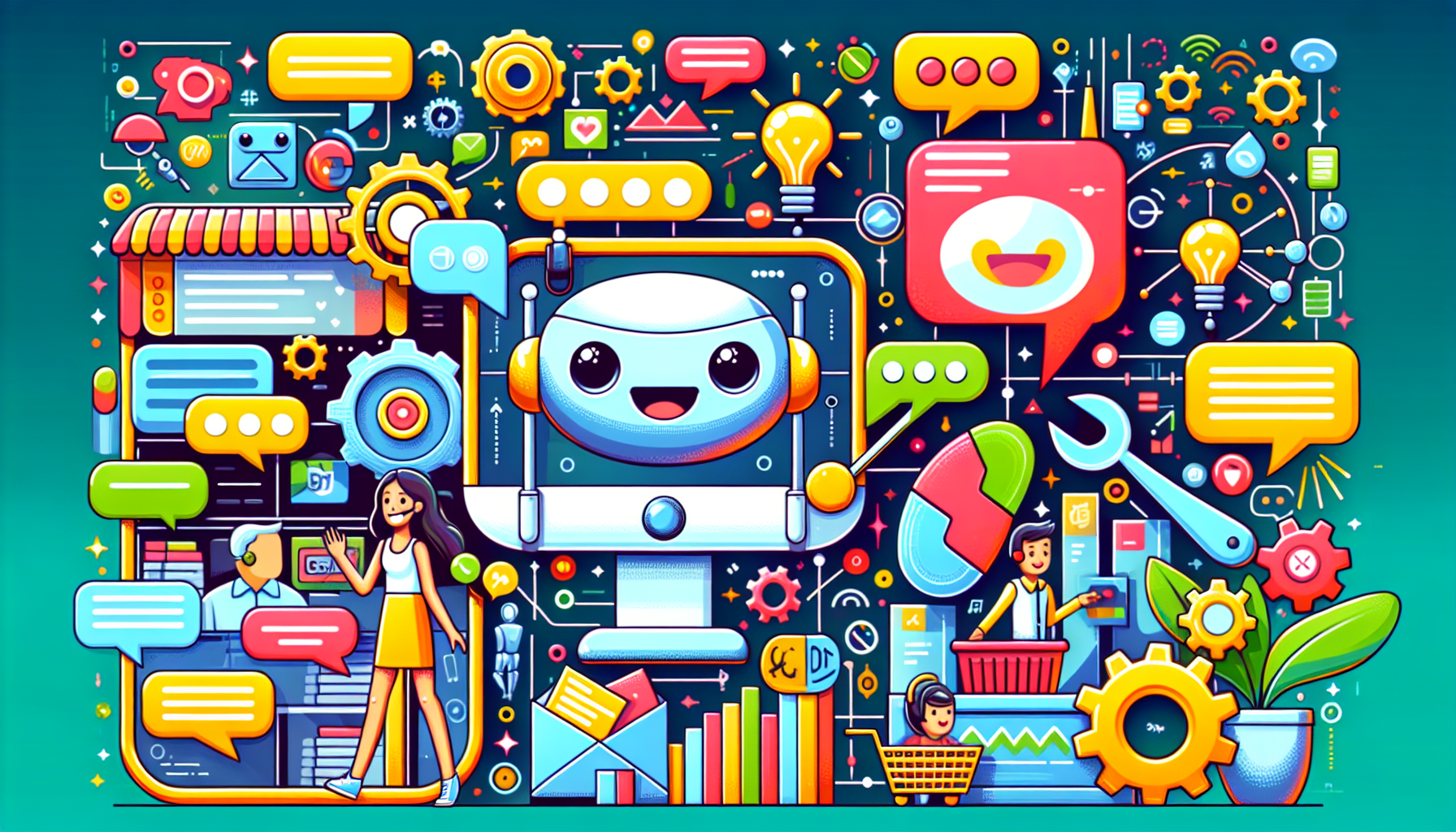 Cartoon illustration of essential features for Shopify live chat apps