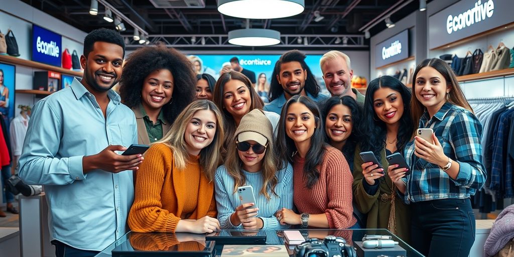 Diverse influencers promoting products in a modern ecommerce setting.