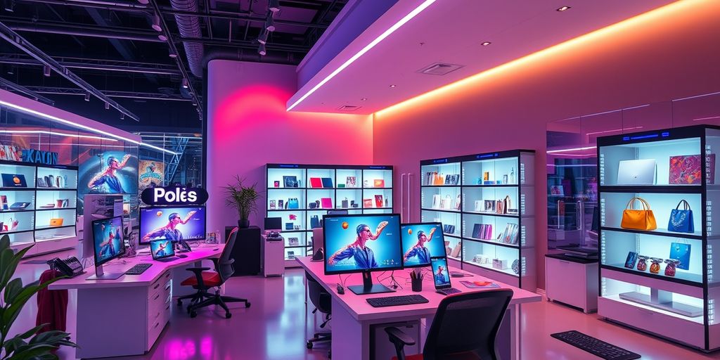 Modern ecommerce workspace with high-tech devices and products.