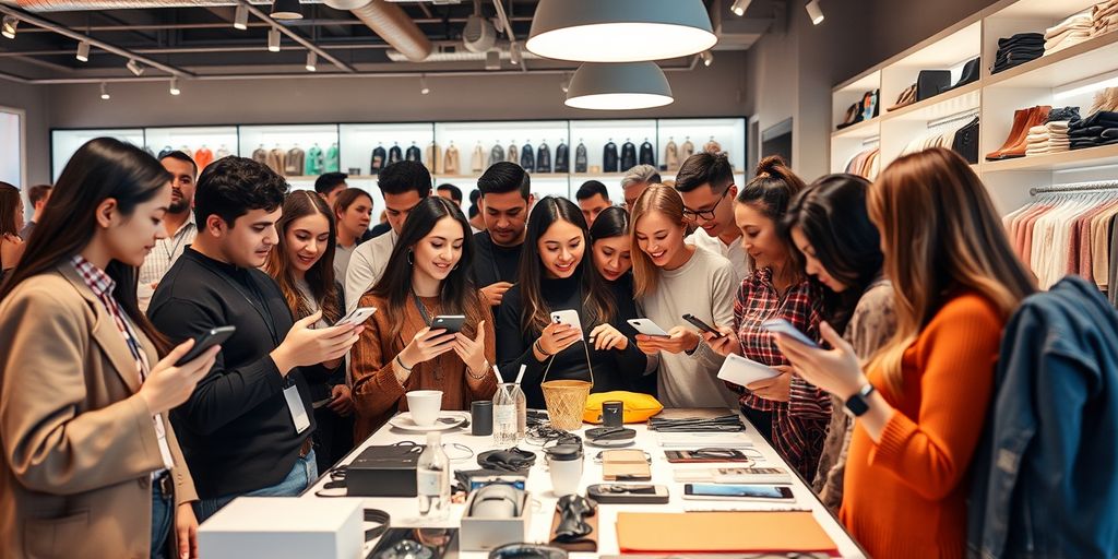 Diverse influencers collaborating in a modern ecommerce setting.