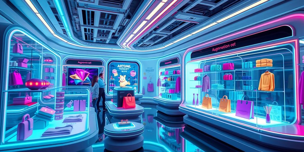 Futuristic ecommerce scene with 3D product displays.