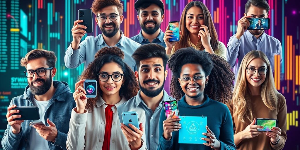 Diverse influencers with tech gadgets in a digital setting.