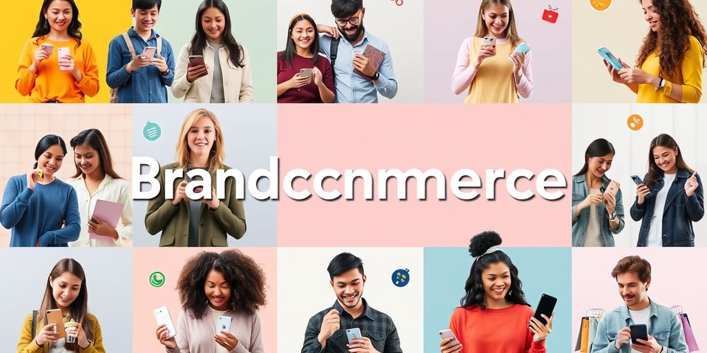 Diverse brand ambassadors promoting ecommerce products with tech devices.