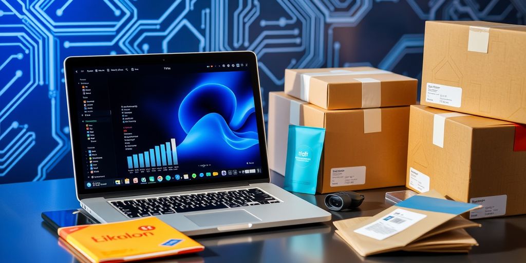 Ecommerce workspace with laptop and shipping boxes.