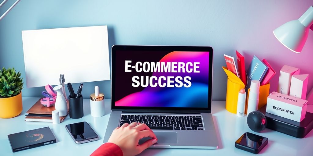 Modern workspace with tech gadgets and product samples.