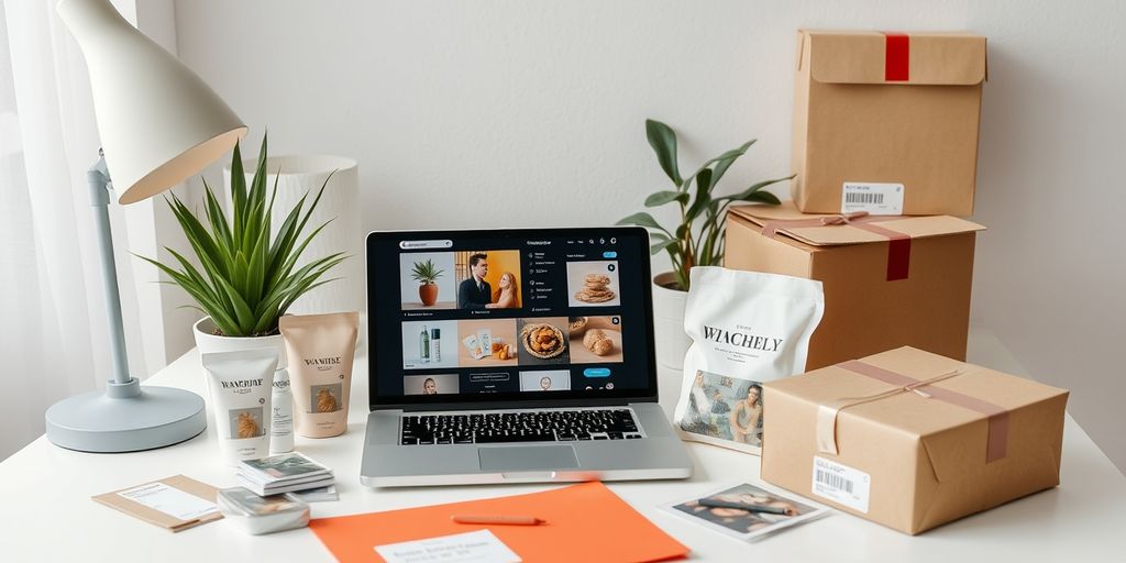 Ecommerce workspace with laptop and product samples.