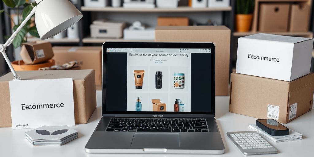 Ecommerce workspace with laptop and product samples.