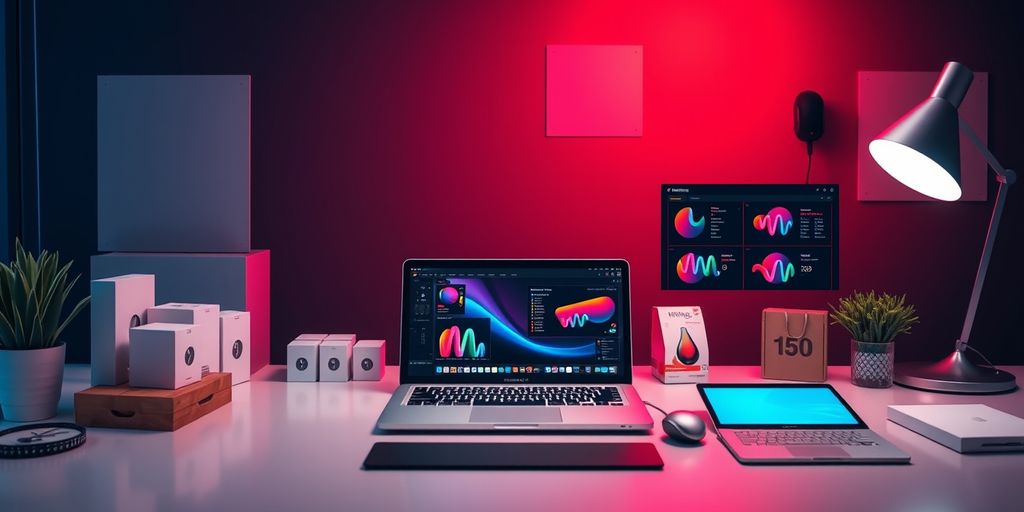 Modern ecommerce workspace with laptop and product boxes.