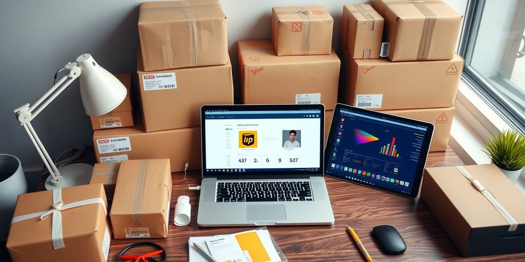 Modern workspace with laptop and shipping boxes.